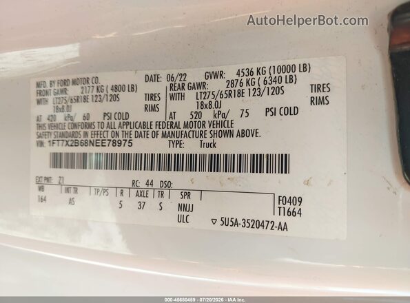 1FT7X2B68NEE78975 2022 FORD F-250 White ძრავის განყოფილების ხედი