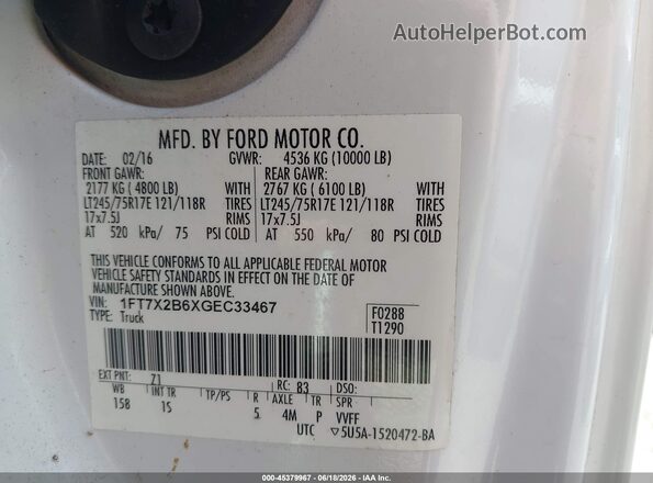 1FT7X2B6XGEC33467 2016 FORD F-250 White Widok komory silnika