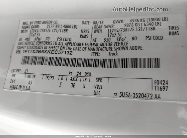 1FT7X2B6XKEC57132 2019 FORD F-250 White Vista del compartimento del motor