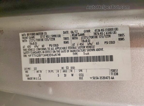 1FT7X2BT3HEE02638 2017 FORD F250 Silver Vista del compartimento del motor