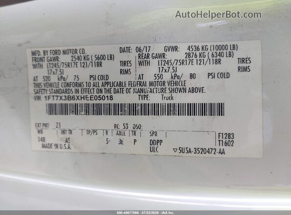 1FT7X3B6XHEE05018 2017 FORD F350 Белый Вид подкапотного пространства