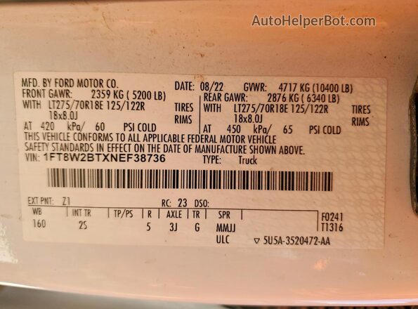1FT8W2BTXNEF38736 2022 FORD F250 White VIN կոդի պիտակի տեսք