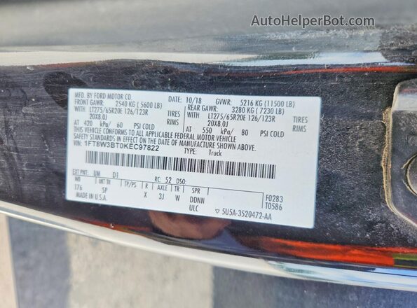 1FT8W3BT0KEC97822 2019 FORD F350 Black VIN კოდის სტიკერის ხედი