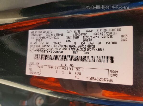 1FT8W3BT6KED20908 2019 FORD F350 Black Vista de la etiqueta del VIN