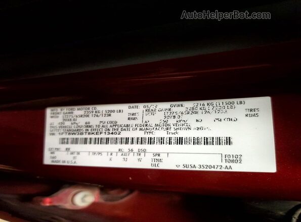 1FT8W3BT8KEF13402 2019 FORD F350 Red Вид наклейки з VIN-кодом