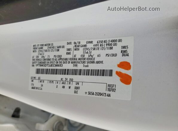 1FT8W3DT3JEC98653 2018 FORD F350 White Շարժիչի բաժամունքի տեսք