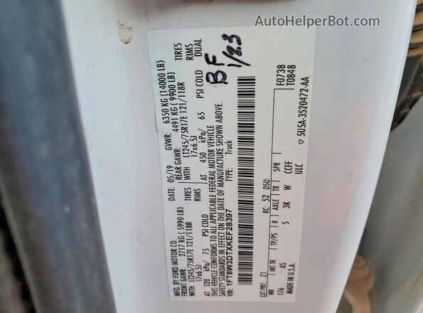 1FT8W3DTXKEF28397 2019 FORD F350 White VIN კოდის სტიკერის ხედი