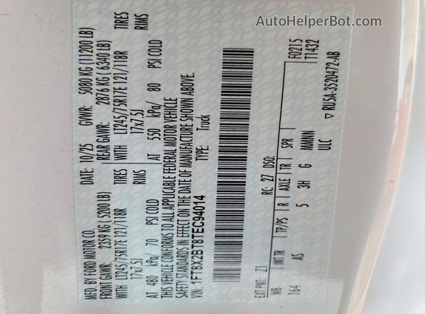 1FT8X2BT8TEC94014 2026 FORD F250 Белый Вид наклейки с VIN-кодом