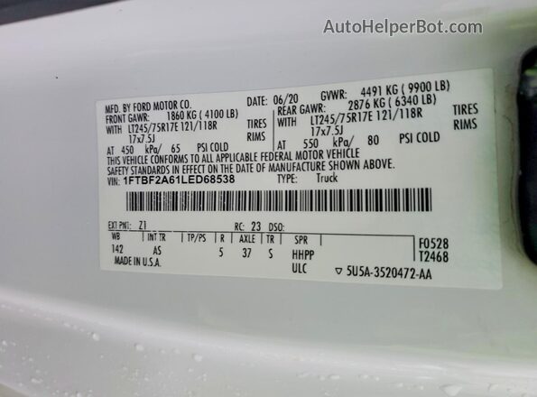 1FTBF2A61LED68538 2020 FORD F250 White Շարժիչի բաժամունքի տեսք