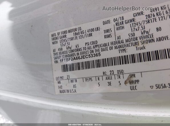 1FTBF2A66JEC53365 2018 FORD F-250 White ძრავის განყოფილების ხედი