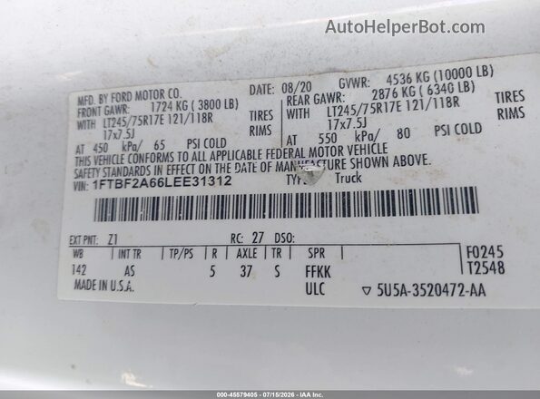 1FTBF2A66LEE31312 2020 FORD F-250 White Engine compartment view