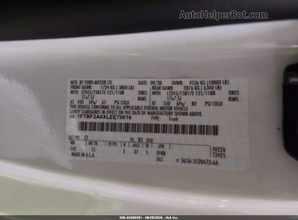 1FTBF2A6XLEE70016 2020 FORD F-250 Белый Вид подкапотного пространства