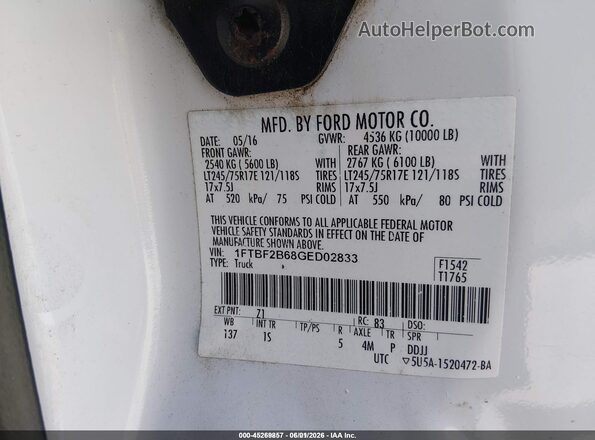 1FTBF2B68GED02833 2016 FORD F-250 White Շարժիչի բաժամունքի տեսք
