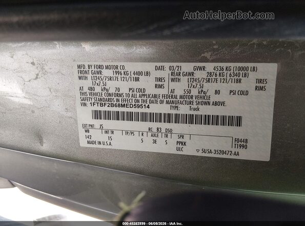 1FTBF2B68MED59514 2021 FORD F-250 Серый Вид подкапотного пространства