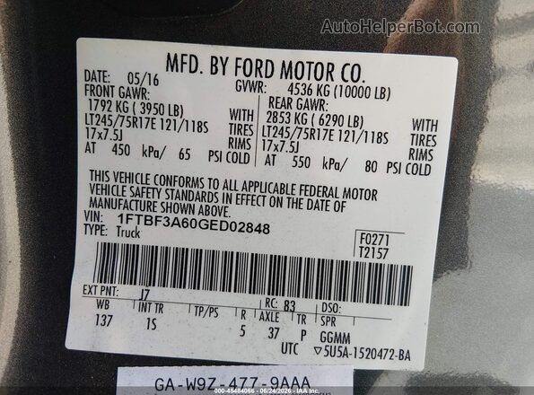 1FTBF3A60GED02848 2016 FORD F350 Gray Շարժիչի բաժամունքի տեսք