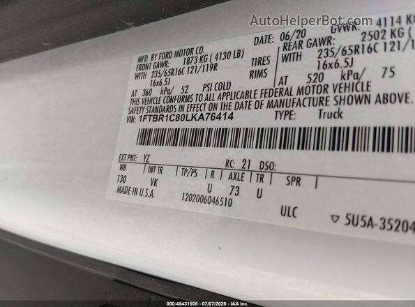 1FTBR1C80LKA76414 2020 FORD TRANSIT-250 White Vista del compartimento del motor