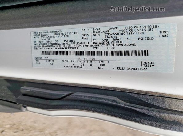 1FTBR1C83RKB77052 2024 FORD TRANSIT White Вид наклейки з VIN-кодом