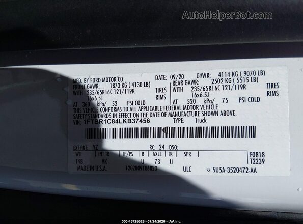 1FTBR1C84LKB37456 2020 FORD TRANSIT-250 White Вид підкапотного простору