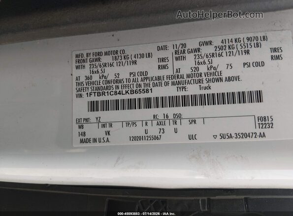 1FTBR1C84LKB65581 2020 FORD TRANSIT-250 White Շարժիչի բաժամունքի տեսք