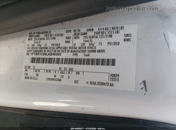 1FTBR1C89LKB40000 2020 FORD TRANSIT-250 White ძრავის განყოფილების ხედი