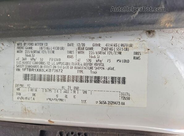 1FTBR1X80LKB73672 2020 FORD TRANSIT White Widok naklejki z numerem VIN