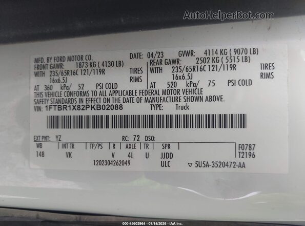 1FTBR1X82PKB02088 2023 FORD TRANSIT-250 White Vista del compartimento del motor