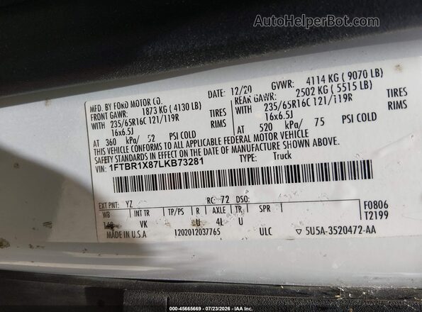 1FTBR1X87LKB73281 2020 FORD TRANSIT-250 Белый Вид подкапотного пространства