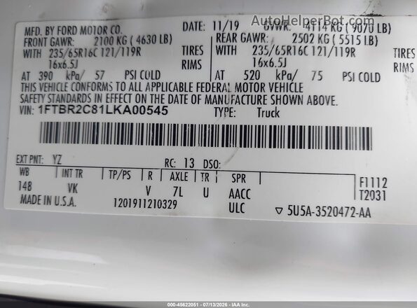 1FTBR2C81LKA00545 2020 FORD TRANSIT-250 White Widok komory silnika