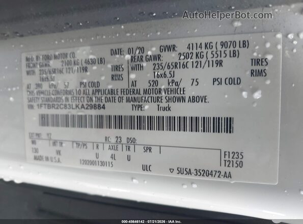 1FTBR2C83LKA29884 2020 FORD TRANSIT-250 White Vista del compartimento del motor