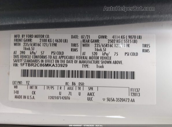 1FTBR2C86MKA33929 2021 FORD TRANSIT-250 White Widok komory silnika