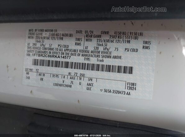 1FTBR2C86RKA14577 2024 FORD TRANSIT-250 White Vista del compartimento del motor