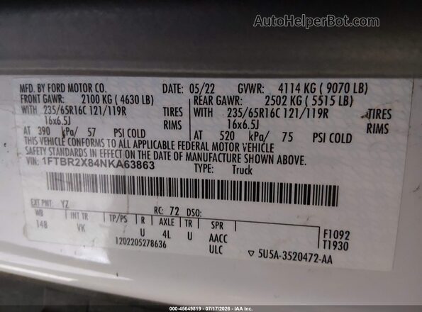 1FTBR2X84NKA63863 2022 FORD TRANSIT-250 White Շարժիչի բաժամունքի տեսք
