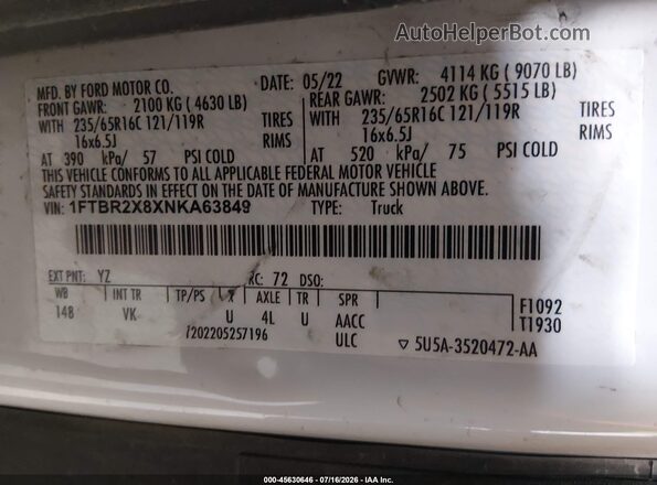 1FTBR2X8XNKA63849 2022 FORD TRANSIT-250 White Widok komory silnika
