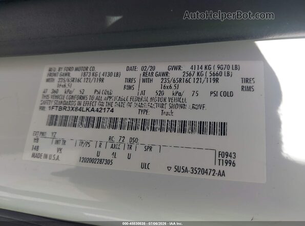 1FTBR3X84LKA42174 2020 FORD TRANSIT-250 White Vista del compartimento del motor