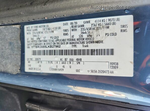1FTBR3X85LKB27962 2020 FORD TRANSIT Gray Вид наклейки з VIN-кодом