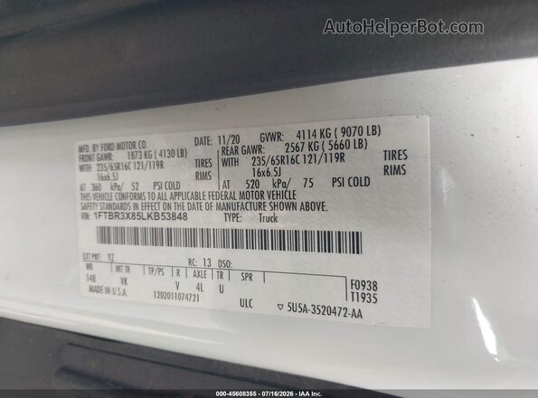 1FTBR3X85LKB53848 2020 FORD TRANSIT-250 Белый Вид подкапотного пространства