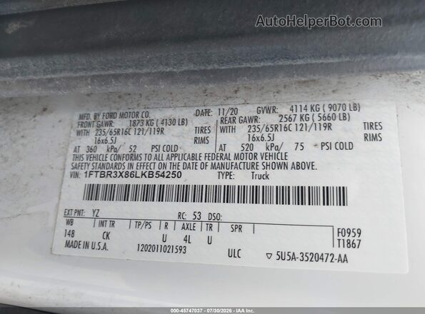 1FTBR3X86LKB54250 2020 FORD TRANSIT-250 White Widok komory silnika