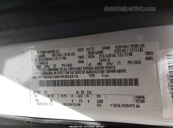 1FTBW2CM0HKB02514 2017 FORD TRANSIT-350 White Вид підкапотного простору