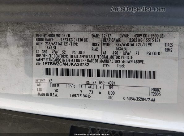1FTBW2CM4JKA36782 2018 FORD TRANSIT-350 White Widok komory silnika