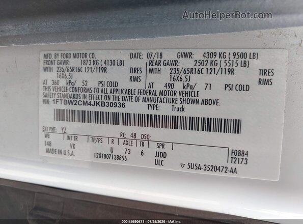 1FTBW2CM4JKB30936 2018 FORD TRANSIT-350 Белый Вид подкапотного пространства