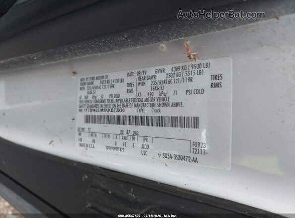 1FTBW2CM5KKB73036 2019 FORD TRANSIT-350 White Вид підкапотного простору