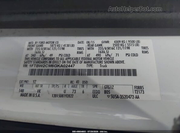 1FTBW2CM6GKA02447 2016 FORD TRANSIT-350 White Widok komory silnika
