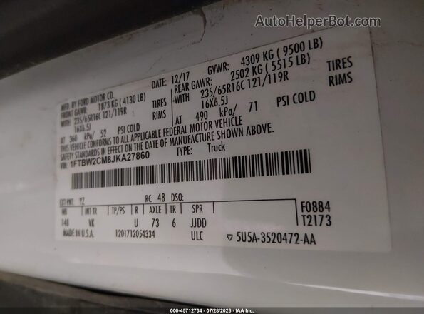 1FTBW2CM8JKA27860 2018 FORD TRANSIT-350 White Շարժիչի բաժամունքի տեսք