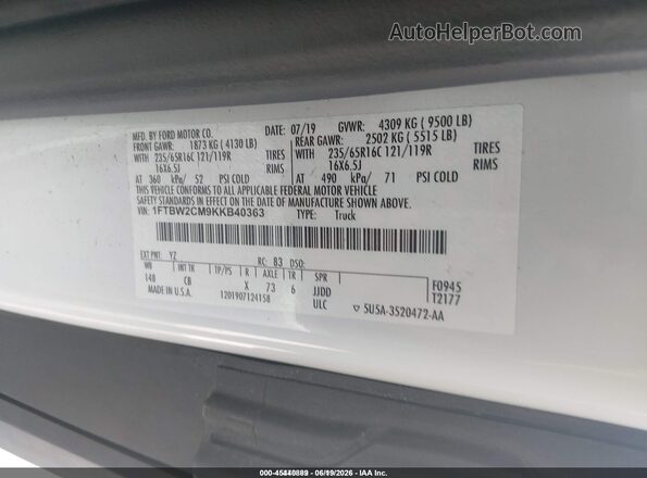 1FTBW2CM9KKB40363 2019 FORD TRANSIT-350 Белый Вид подкапотного пространства