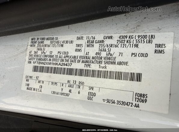 1FTBW2XM1HKA29437 2017 FORD TRANSIT-350 White Вид підкапотного простору