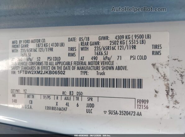 1FTBW2XM2JKB06502 2018 FORD TRANSIT-350 White ძრავის განყოფილების ხედი