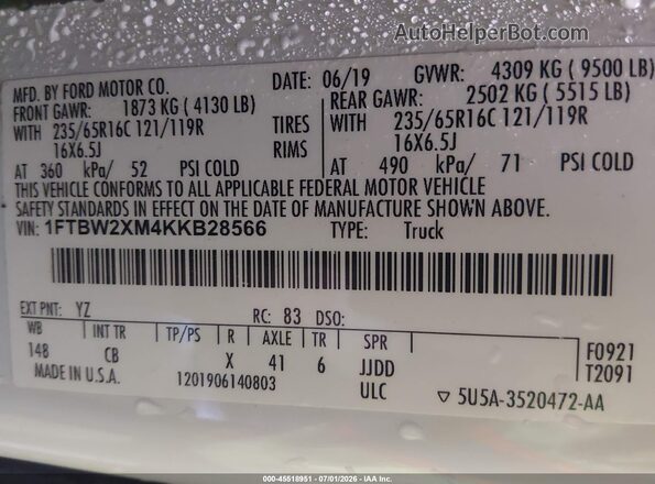 1FTBW2XM4KKB28566 2019 FORD TRANSIT-350 White Вид підкапотного простору