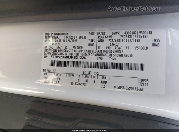 1FTBW2XM8JKB31226 2018 FORD TRANSIT-350 Белый Вид подкапотного пространства