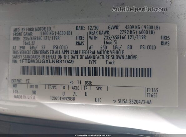 1FTBW3UGXLKB81049 2020 FORD TRANSIT-350 White Widok komory silnika