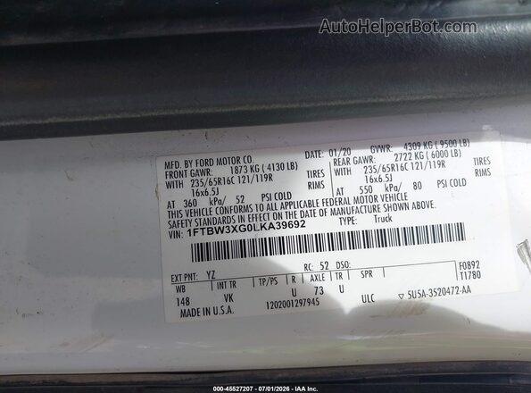 1FTBW3XG0LKA39692 2020 FORD TRANSIT-350 White VIN կոդի պիտակի տեսք